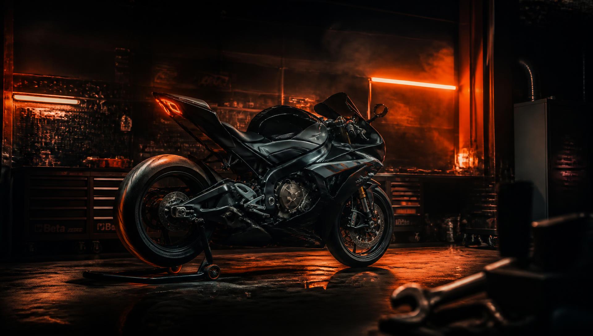 Moto esportiva em oficina especializada de motopeças